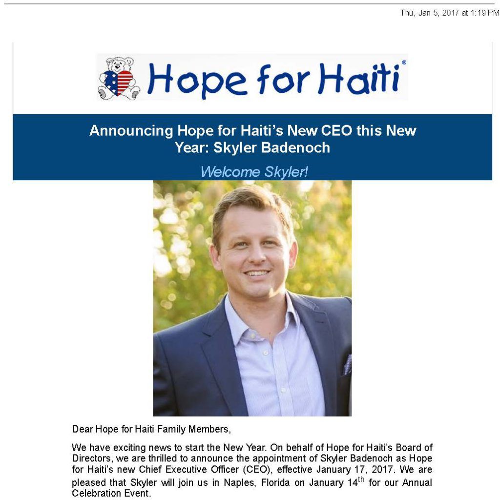 Hope for haiti mail hope for haiti announces new ceo (jpeg) page 1